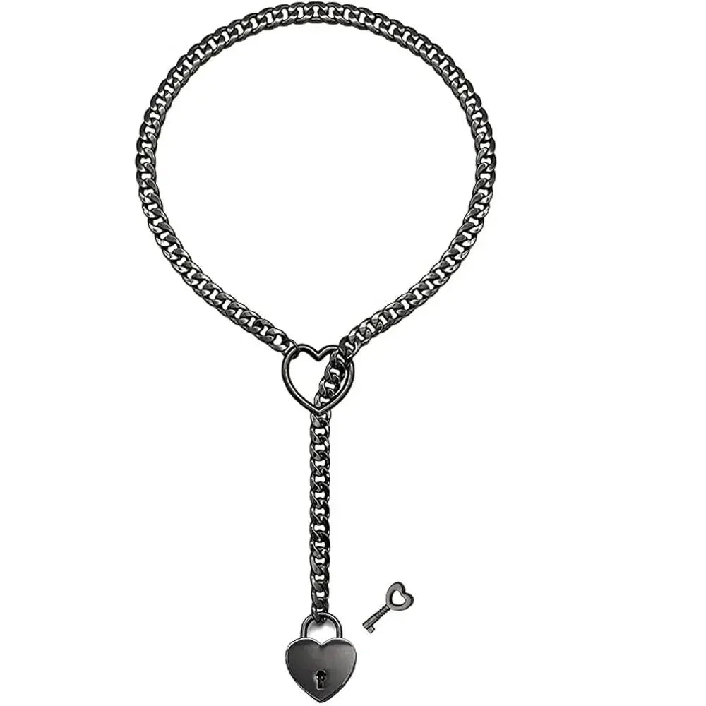 Adjustable Heart O - Ring Punk Rock Cuban Chain Necklace – Lariat Y - Style Necklace with Key & Heart Lock Pendant - Nexivet