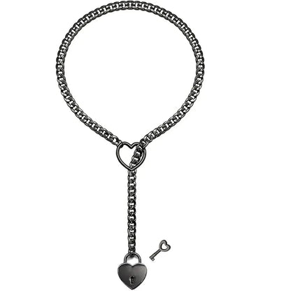 Adjustable Heart O - Ring Punk Rock Cuban Chain Necklace – Lariat Y - Style Necklace with Key & Heart Lock Pendant - Nexivet