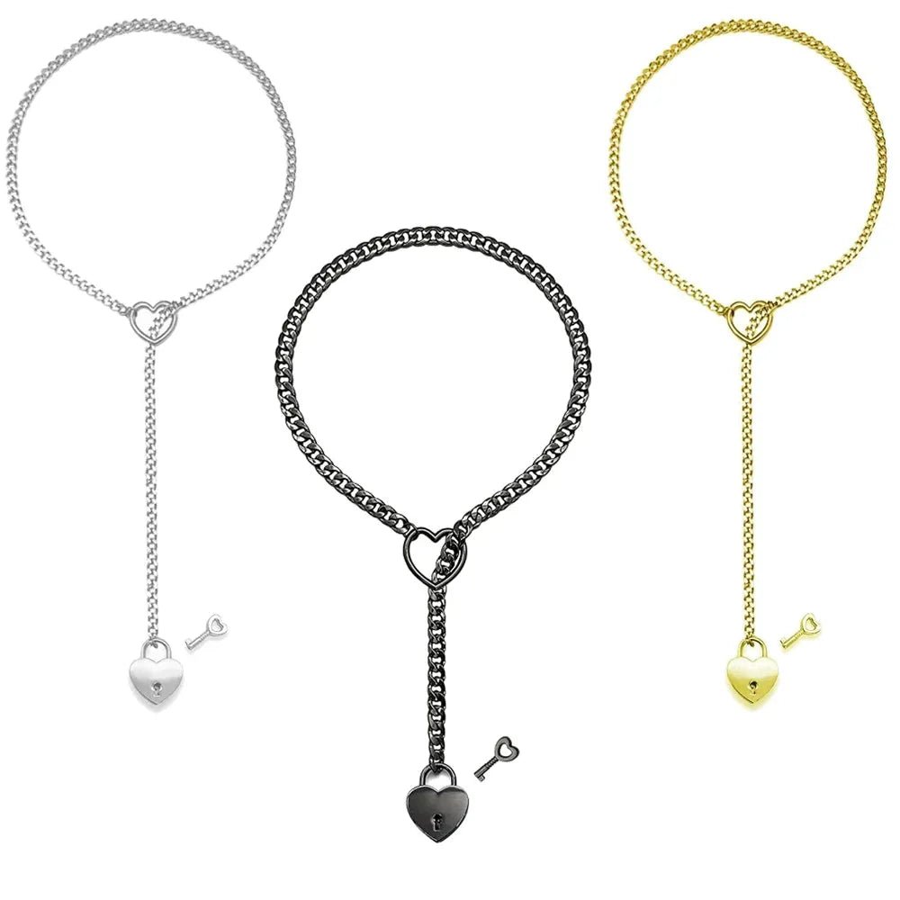 Adjustable Heart O - Ring Punk Rock Cuban Chain Necklace – Lariat Y - Style Necklace with Key & Heart Lock Pendant - Nexivet